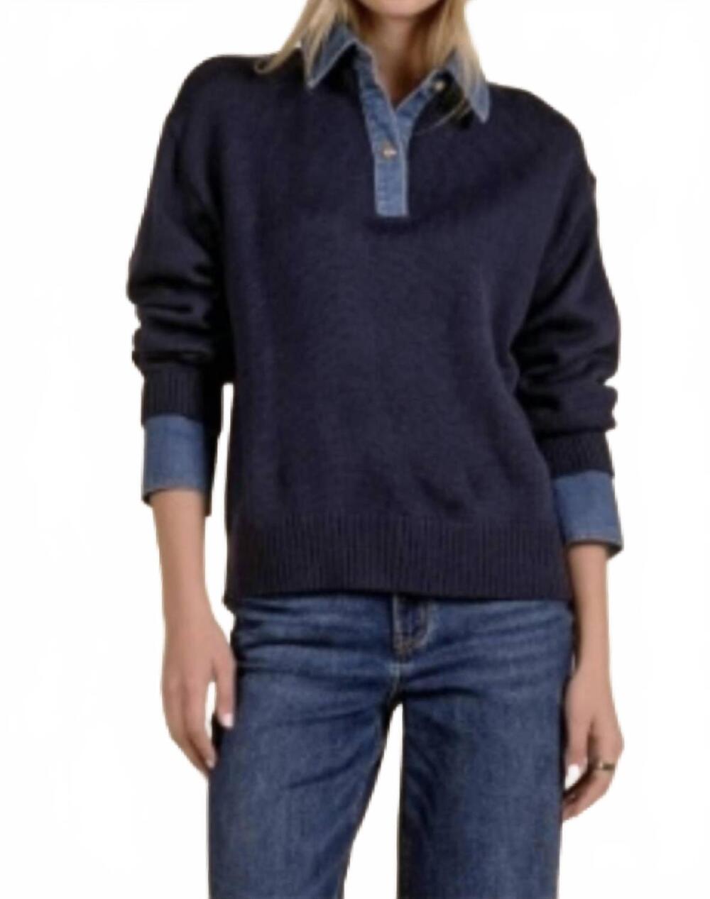 NEW ELAN denim collar sweater in navy